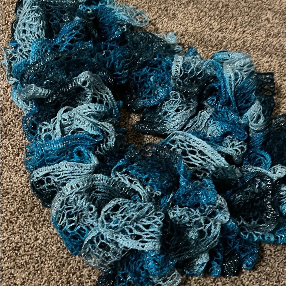 Blue and Black Ruffled Knitted Scarf